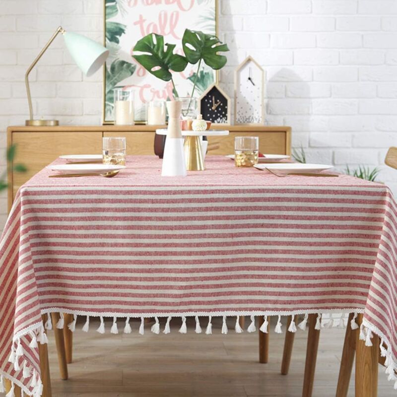 Ccykxa - Nappe à pompons à rayures en coton et lin résistant aux taches/(Rectangle, 55 x 71 pouces, rouge) Housse de table imperméable à l'eau et à