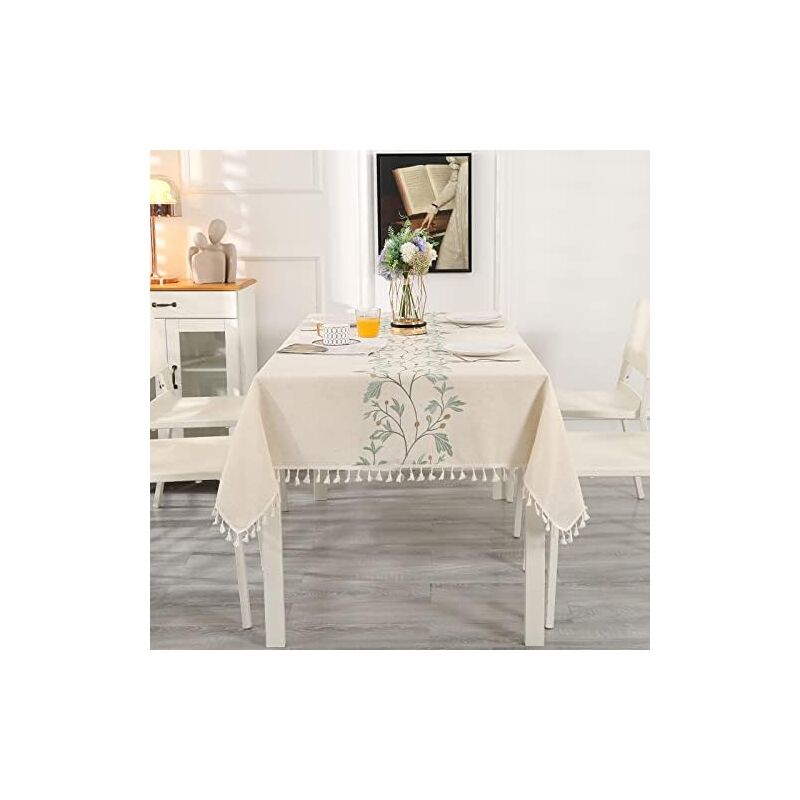 Ccykxa - Nappe Rectangulaire Beige Anti Tache Nappe Tassel Lavable en Coton et Lin avec Broderie de Feuilles Vertes & Franges, Nappe de Table