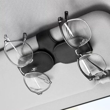 Support Magnétique Lunettes Voiture Cuir Gris | Clip Pare-Soleil Porte-Lunettes Universel 2 Pièces | Anti-Chute Stable