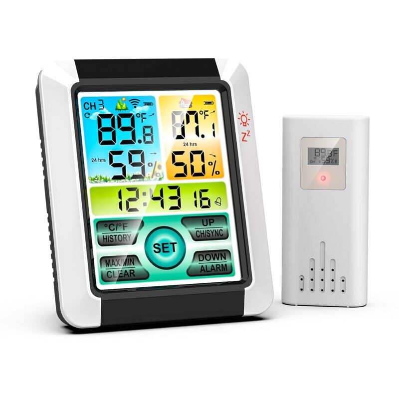 Noir Station Meteo Interieur Exterieur Sans Fil, Thermomètre et Hygromètre Thermomètre Intérieur Extérieur, Ecran Rétro-éclairé Coloré, Fonction
