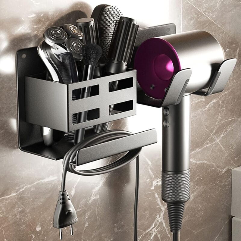 Ccykxa - Noir-Support Seche Cheveux, Porte Seche Cheveux sans Percage avec Range-Câbles, Porte Seche Cheveux Mural pour Hôtel de Chambre à Rangement