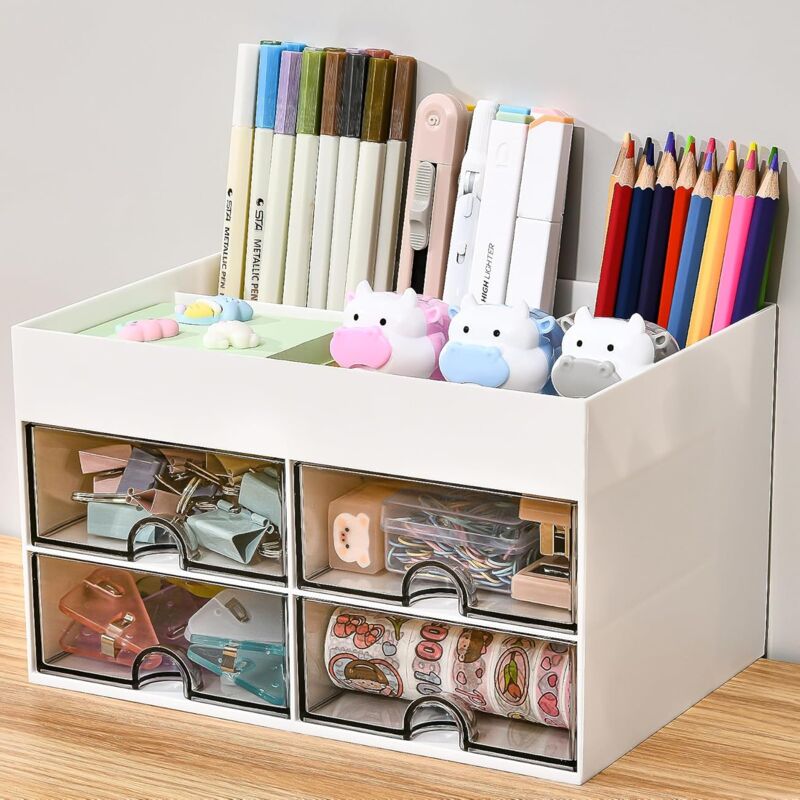 CCYKXA Organisateur de Bureau Blanc en Plastique avec 4 Tiroirs Coulissants, 4 Compartiments et Porte-Stylo Multifonctionnel Organiseurs et