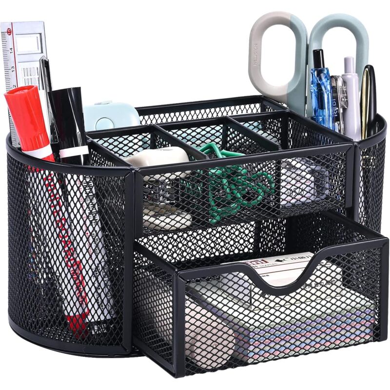 Ccykxa - Organisateur de bureau en maille métallique avec tiroir et porte-stylos pour stylos, notes adhésives agrafeuses, trombones, compact et