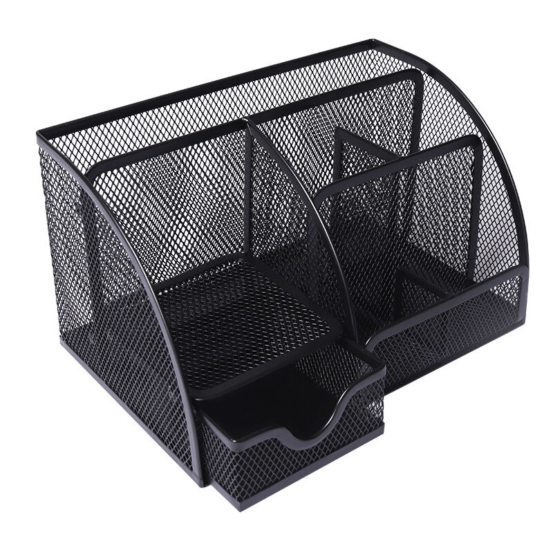 Organisateur de bureau en maille métallique avec tiroir et porte-stylos pour stylos, notes adhésives, agrafeuses trombones, compact et élégant pour