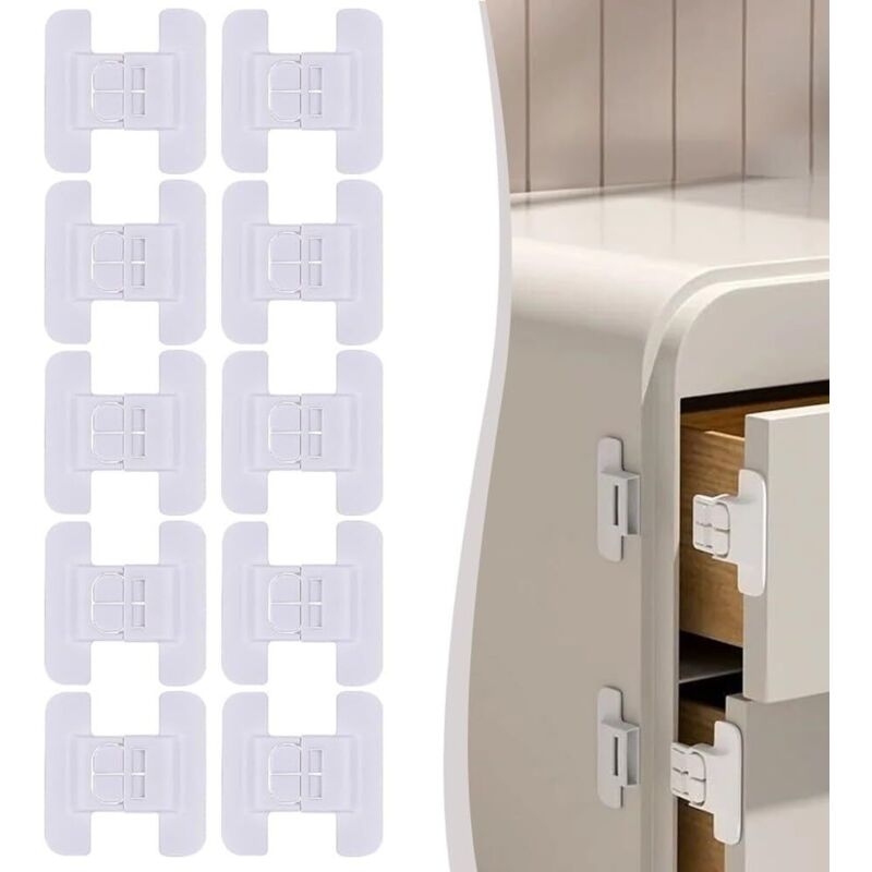 CCYKXA Pack of 10 child safety locks for refrigerator, cabinet, drawer - Plastic baby safety lock - 7 x 7 cm - White