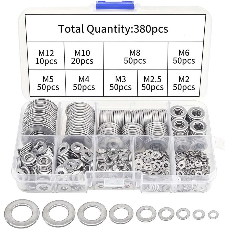 CCYKXA Pack of 380 stainless steel washers - Assortment of flat washers M2-M12 - Safety washers for door hinges - Oil drain plugs for hydraulic repair