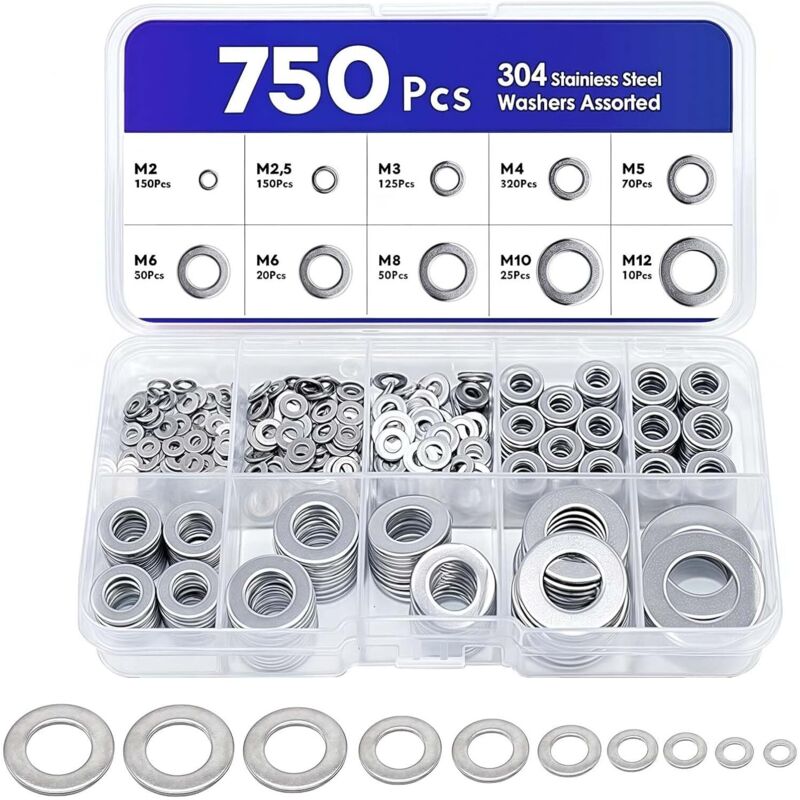 CCYKXA Pack of 750 stainless steel washers - Assortment of flat washers M2-M12 - Safety washers for door hinges - Oil drain plugs for hydraulic repair