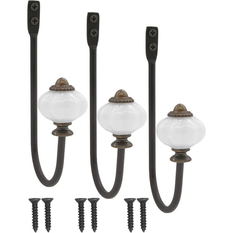 CCYKXA Patère antique, patère, crochet à chapeau, crochet en fer avec tête en céramique et couronne en laiton - style campagnard vintage - lot de 3