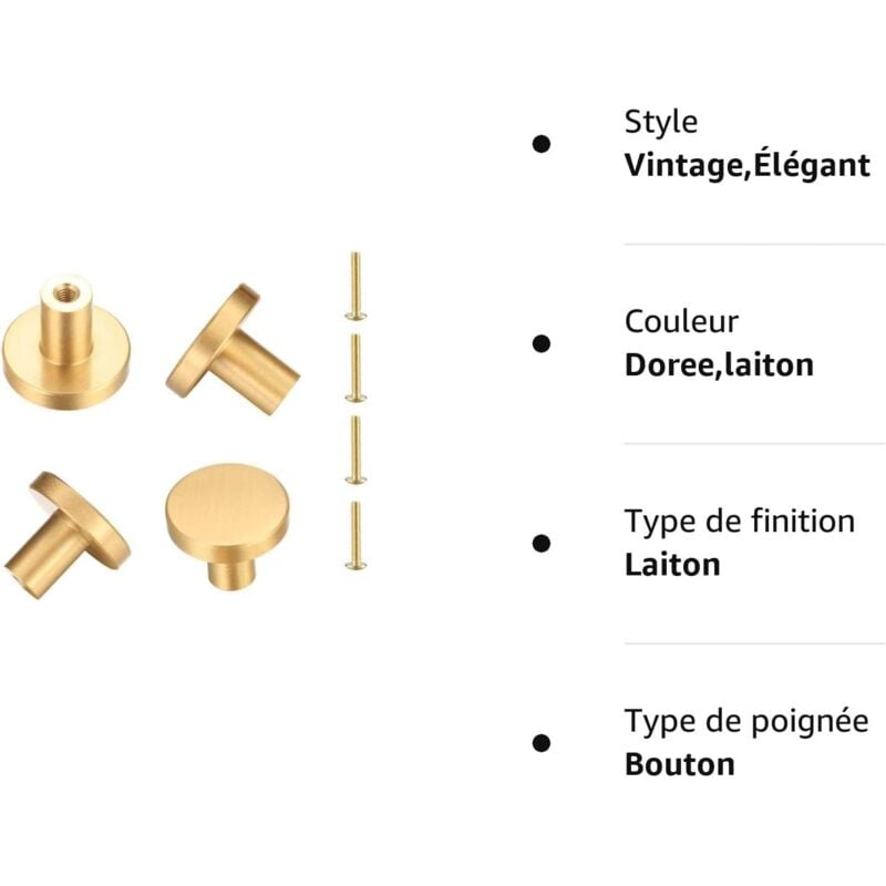 CCYKXA Poignee de Porte Laiton Massif Rond, Poignée de Meuble, Poignée Boutons de Tirage Tiroir Armoire Placards Commode Cuisine, Monotrou Poignée
