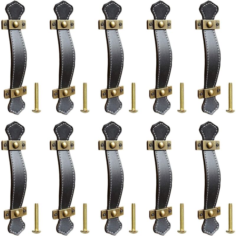 Poignée en Cuir pour Meuble, 10 Pièces Poignée en Cuir Noir, Boutons de Tiroir Cuir, Poignée de Porte Cuisine Cuir avec Vis, Accessoires pour