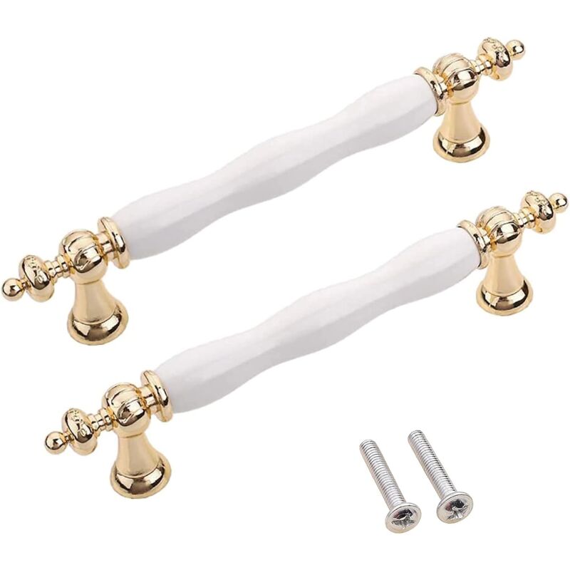 Ccykxa - Poignées de meubles de cuisine - Poignées d'arc - En céramique - Blanc/doré - Vintage - En alliage de zinc - Doré - 96 mm, 6)