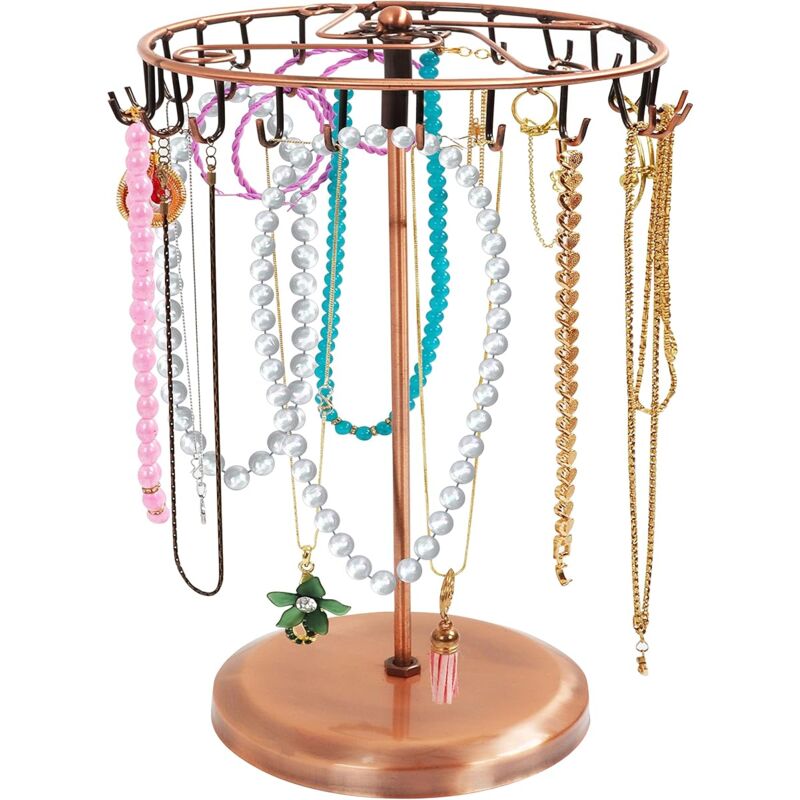 Ccykxa - Porte Bijoux Rotatif en Métal Cuivré (23 Crochets) - H34 x l20 cm - Tour de Presentoir Bijoux - Porte Collier Bracelets, Bagues et Boucles