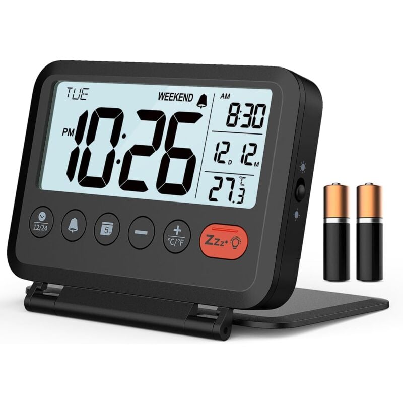 Ccykxa - Reloj despertador de viaje : retroiluminación de 2 niveles, 2 volúmenes, 12/24 h, calendario, temperatura, modo fin de semana, función de