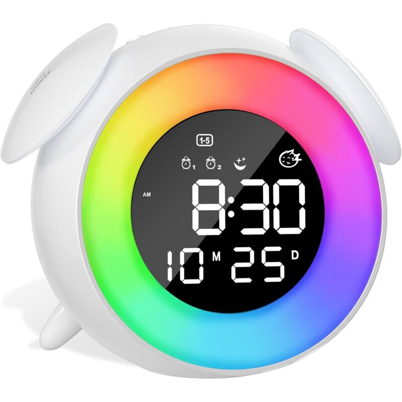 Ccykxa - Reveil Enfant Numérique, Réveil Enfant Educatif Jour/Nuit, led Horloge Digitale avec Snooze, 2 Alarmes, 10 Couleur lumières, 7 Sonneries,