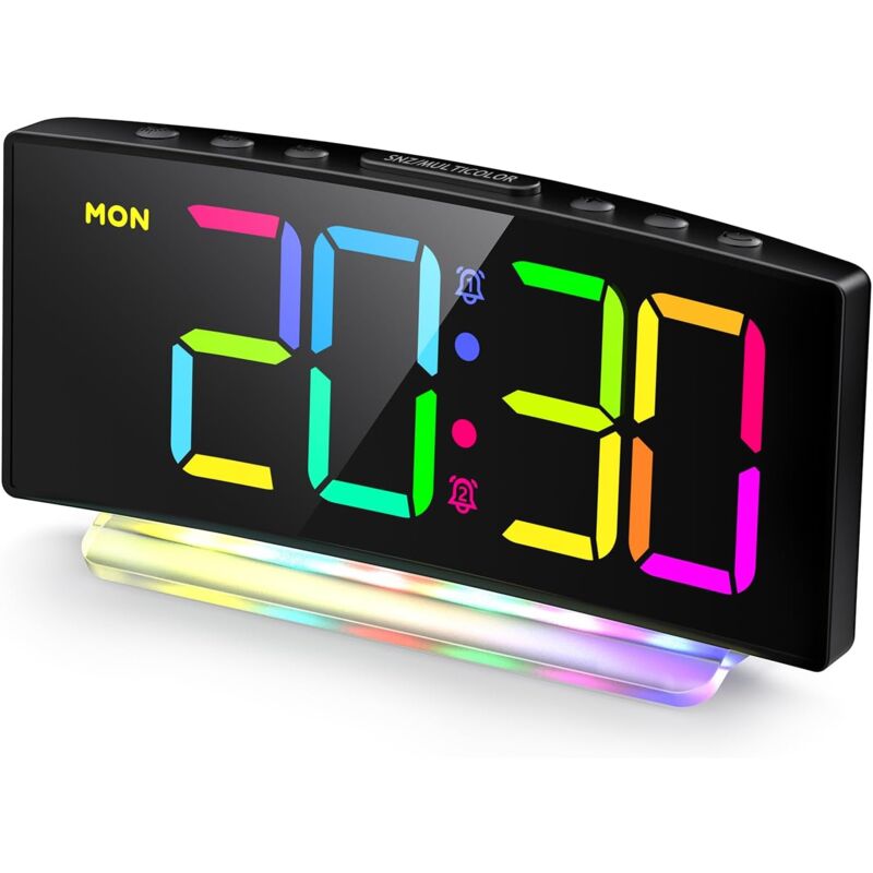 Ccykxa - Reveil, Reveil numérique led Courbé avec Lumière rgb, Reveil Matin Secteur Con Double Alarme, 12/24H, Luminosité Réglable(Adaptateur Inclus)