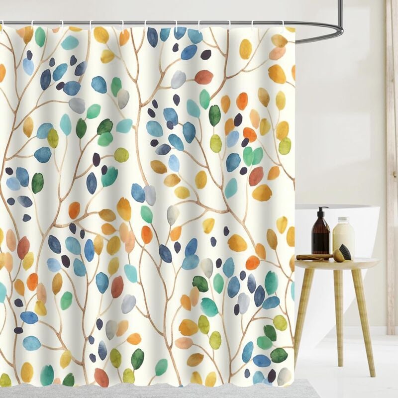 Rideau de douche anti-moisissure 180 x 180 cm, lavable en tissu de qualité supérieure, avec œillets et 12 anneaux, motif de plantes multicolores avec