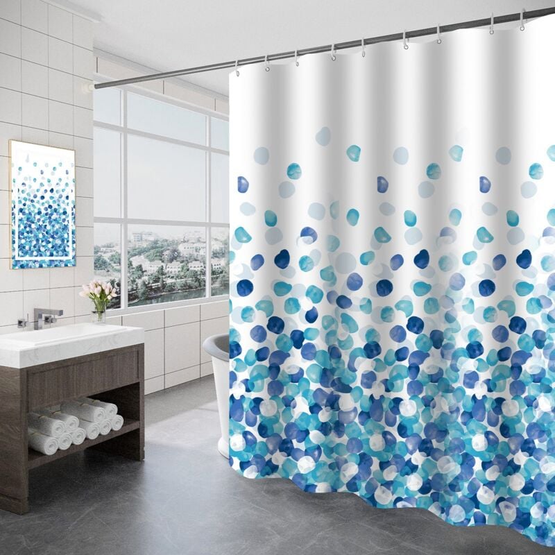 Rideau De Douche Imperméable, Rideaux de Douche Polyester Lavable en Machine,180x200 cm Rideau Baignoire pour Salle de Bains,12 Crochets,Motif Bleu