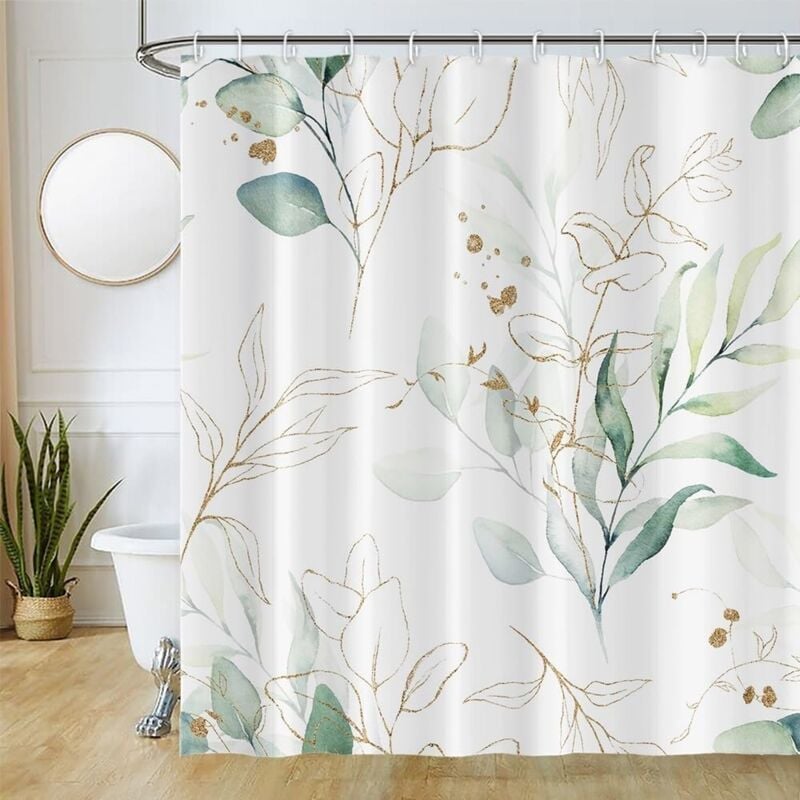 Rideau Douche Feuilles d'eucalyptus, Rideau de Douche Vert Or Botanique Rideau de Baignoire Anti Moisissure Imperméable Tissu Polyester Lavable