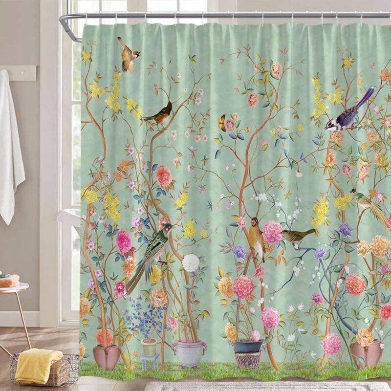 Rideau Douche Vert Fleur Oiseau, 180180 cm Rideau de Douche Tissu Anti Moisissure Imperméable Séchage Rapide Polyester Rideau Baignoire pour Salle de