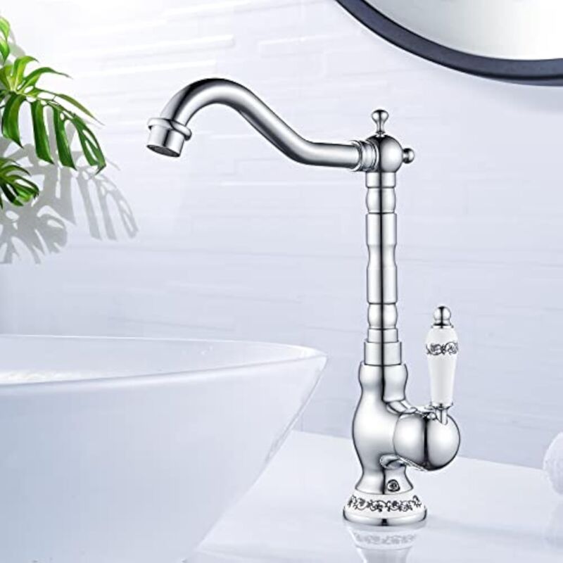 Ccykxa - Robinet de Lavabo Rétro, Robinet Salle de Bain en Laiton Chromé, Haut Robinet Mitigeur Lavabo pour Lavabo ou Vasque de Salle Bain, Eau
