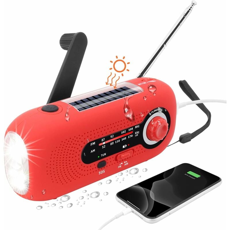 CCYKXA （Rouge）Radio Solaire Portable,Radio Dynamo,Solaire Radio avec Alarme SOS pour Les urgences,Petite Radio,étanche IPX3 Radio,Radio à manivelle