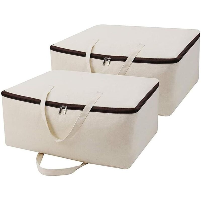 CCYKXA Set of 2 breathable natural cotton canvas storage bags with handles and 3-sided zippers, perfect for clothes, blankets, duvets and pillows, in