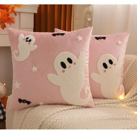 CCYKXA Set of 2 Decorative Cushion Covers in Soft Pink Velvet, Ghost Pattern, 45 x 45 cm, "Happy Halloween", for Sofa, Bedroom, Armchair, Home, Outdoor, Party Decoration