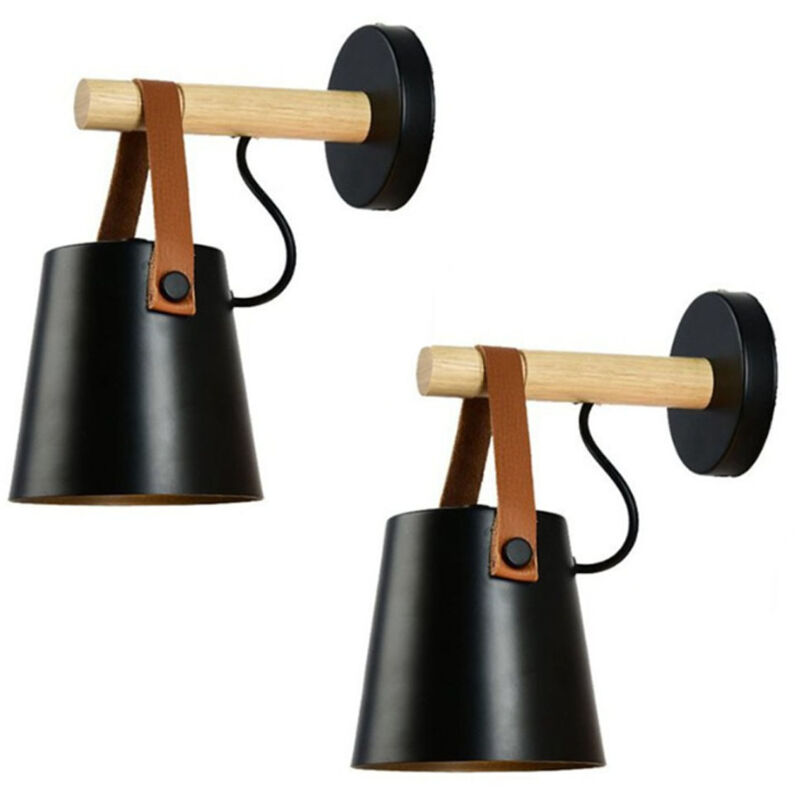CCYKXA Set of 2 Vintage Minimalist Indoor Wall Sconces, Modern E27 Wall Lamps, Metal Lampshades with Wooden Bases for Bedroom, Office, Hallway (Black)