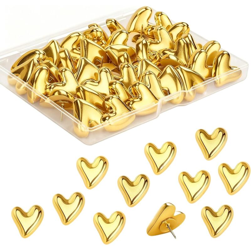 CCYKXA Set of 60 gold heart-shaped pushpins for cork boards, bulletin boards, walls, homes, offices, posters, photos, postcards, maps (gold)