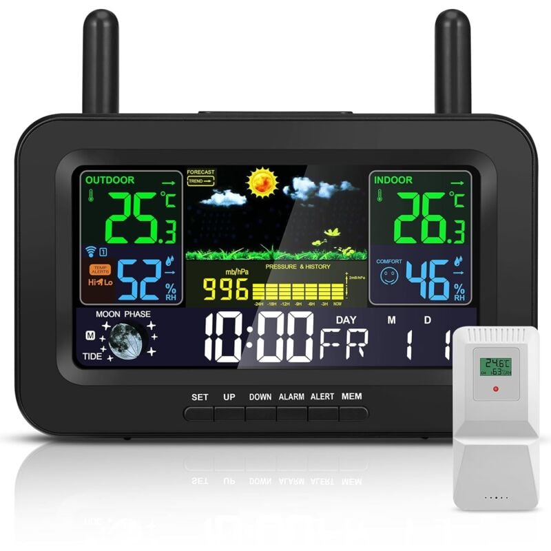 Station Météo Sans Fil avec Capteur Extérieur Station Meteo Interieur Exterieur Sans Fil avec Écran Couleur Prévisionniste Phase de lune Réveil