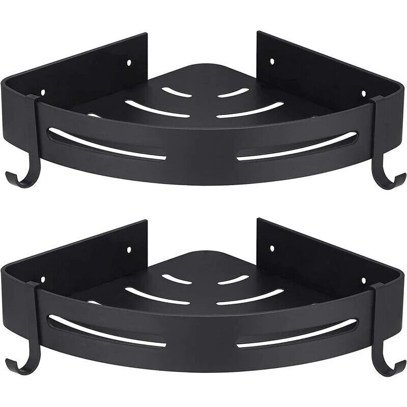 Support de douche d'angle sans perçage, lot de 2, avec crochets, noir, rangement de salle de bain, accessoires de salle de bain, porte-savon, support