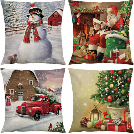 Taie d'oreiller, Lot de 4 en Coton et Lin Noël Wapiti Le père noël Bonhomme  de Neige Nain Imprimé Housse De Coussin carré pour Lit Voiture De La Maison  Canapé 45 x