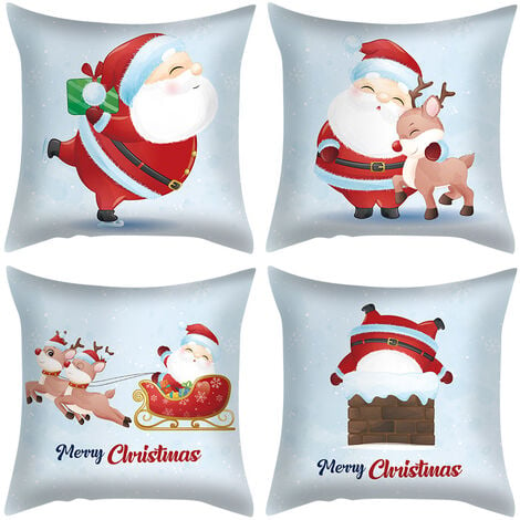 Taie d'oreiller, Lot de 4 en Coton et Lin Noël Wapiti Le père noël Bonhomme  de Neige Nain Imprimé Housse De Coussin carré pour Lit Voiture De La Maison  Canapé 45 x