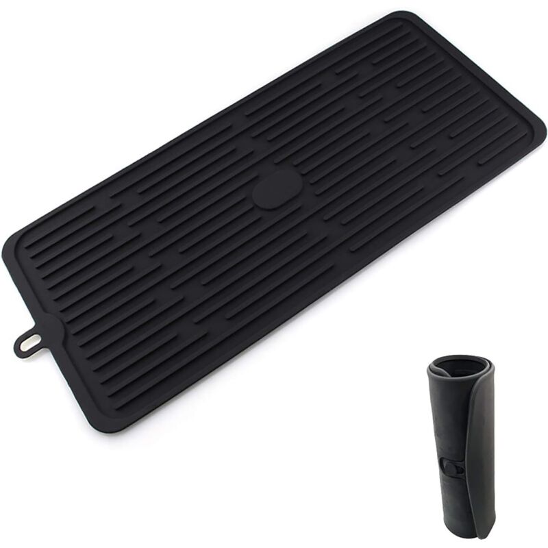 CCYKXA Tapis d'égouttage pour cuisine, grille d'égouttement silicone noir (47 x 20 cm), égouttoir vaisselle antidérapant, résistant chaleur et