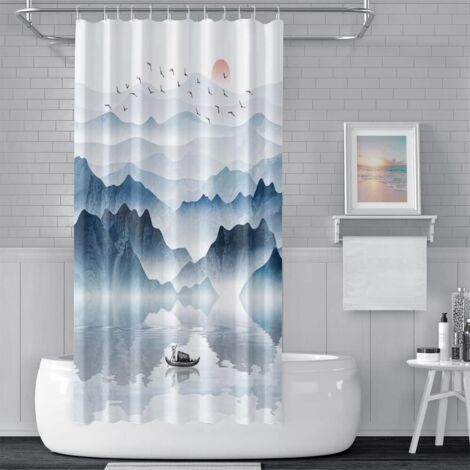 CCYKXA Tenda da doccia 180x180cm Paesaggio montano Barca sul lago in legno Sole Oca selvatica rossa Natura Paesaggio nebbioso Dipinto ad olio Tenda da bagno per decorazione bagno con ganci