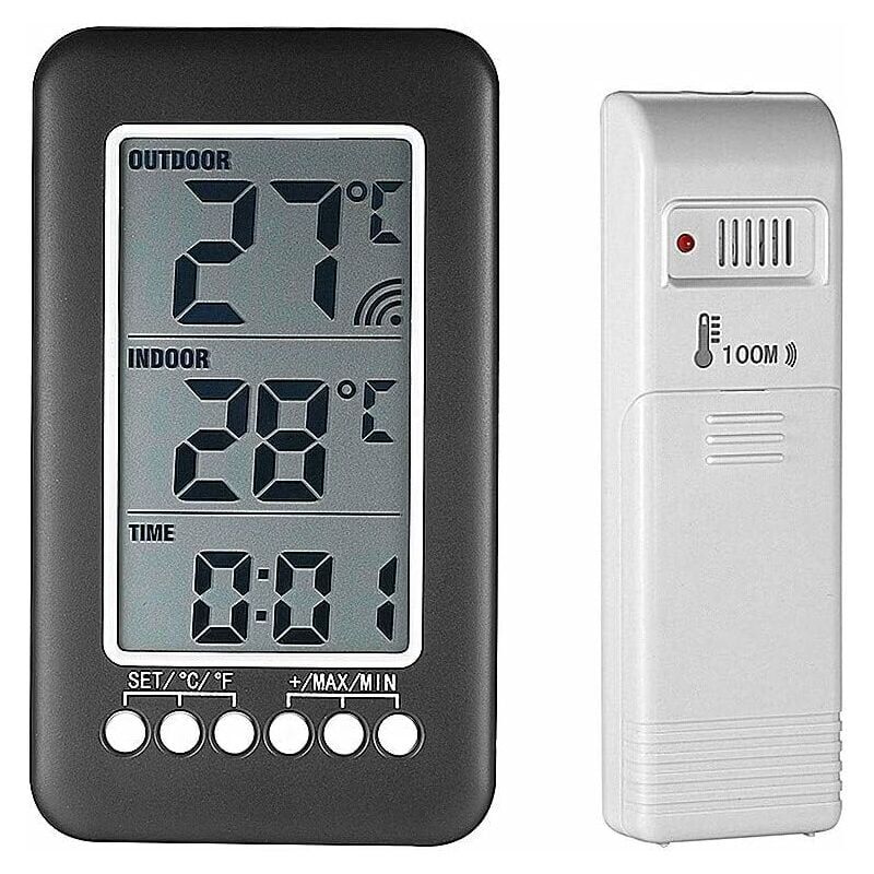 Ccykxa - Thermomètre intérieur extérieur sans fil avec horloge numérique Station météo sans fil avec capteur extérieur, moniteur de température Black