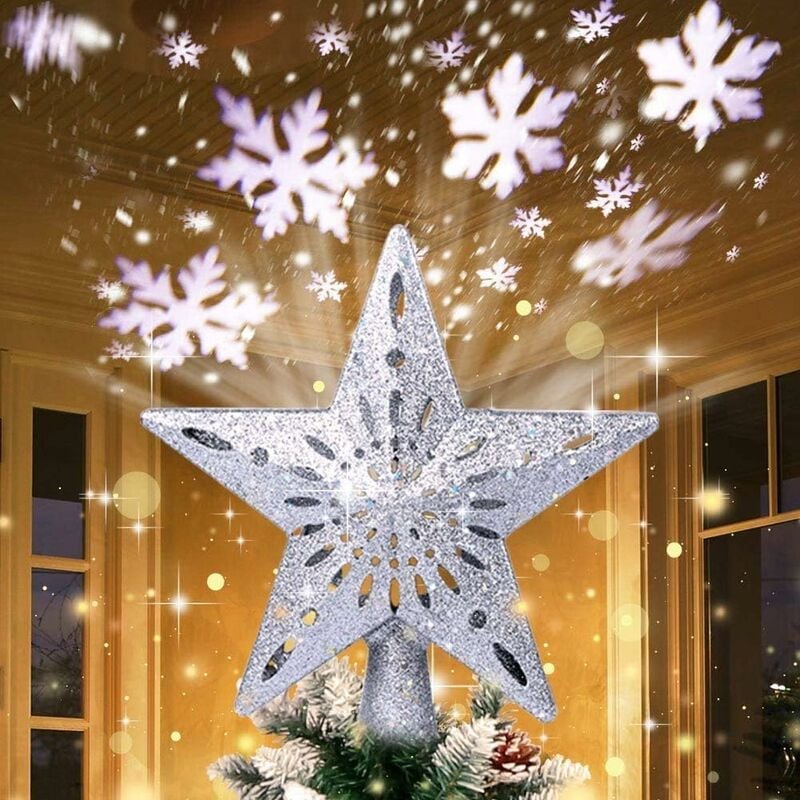 Topper de sapin de Noël avec lumières de projecteur de flocon de neige rotatives, 3D Glitter Hollow Star Tree Topper pour décorations de sapin de