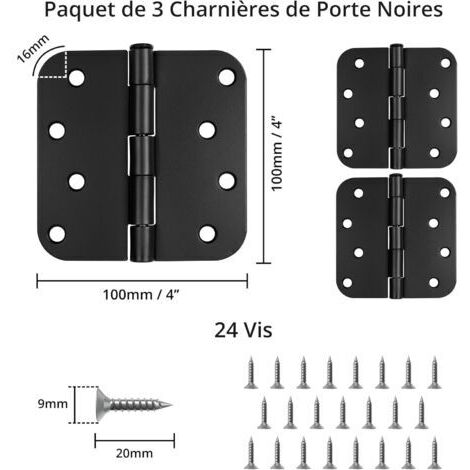 CCYKXA Türscharnier, mattschwarz, 10 cm [3er-Pack] – Für Außen- und Innentüren (150–200 cm), aus Eisen, abgerundet – Robuste Beschläge mit 16 mm Eckradius
