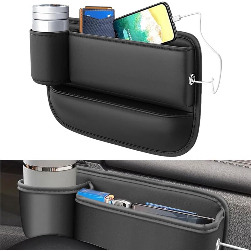 CCYKXAA 1 PCS Organisateur Voiture, Noir Universel Organisateur Siege Voiture, Avec Support de Verre Stockage éCart Siège Voiture, pour Ranger