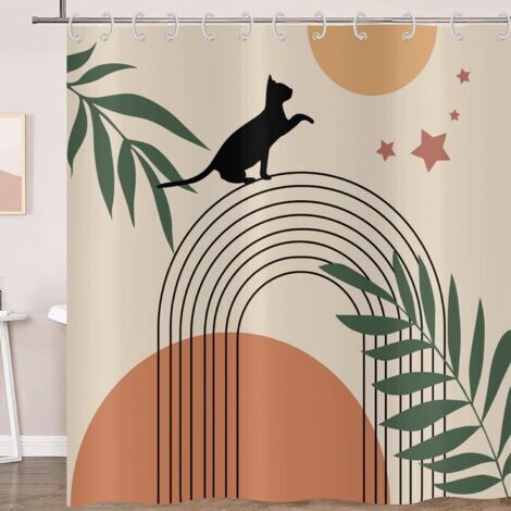 CCYKXAA 150x180 Boho Mid Century Abstrakter Duschvorhang Schwarze Katze Grünes Blatt Schleife Sonne Mond Beige Badewannenvorhang Modern Minimalistisch Geometrische Ästhetik Kunst Badvorhang mit Haken