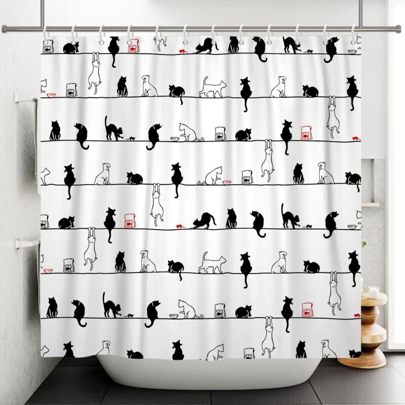 A 150x180cm Dessin animé Chat Rideaux de Douche Drôle Chat Noir et Blanc sur la Corde Rideau de Douche Imperméable Baignoire Art Rideau Simple Rideau