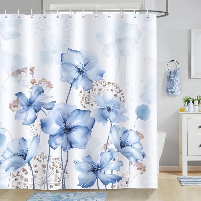 A 180 x 180 cm Rideau de Douche Fleur Bleu Aquarelle Rideau de Bain Tissu Polyester Anti Moisissure Imperméable Lavable Rideau Salle de Bain avec 12