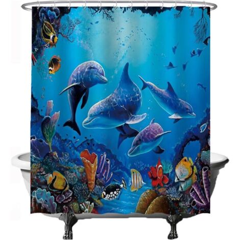 CCYKXAA 180 x 200 cm Blauer Duschvorhang - Natur Delfin Meer Aquarium Fische Korallen Anti-Schimmel