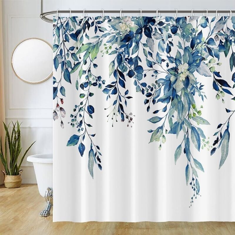 A 180Lx180Hcm Rideau Douche Eucalyptus, Rideau de Douche Feuilles Bleu Fleuri Blanc Rideau de Baignoire Anti Moisissure Imperméable Tissu Polyester