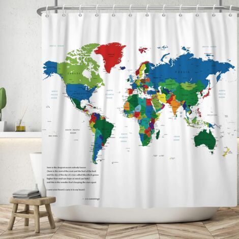 CCYKXAA 180x200 cm World Map Shower Curtain, Modern Simplicity, Colorful White World Map, Washable Textile Waterproof Bath Curtain for Bathtub