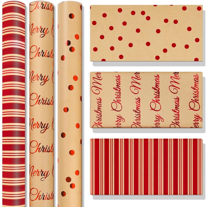 Ccykxa - a 3 Rouleaux Papier Cadeau Rouge Noël Rouleau Papier Kraft Adapté Enfants,Femmes et Hommes Surface Plaquée Or est Parfaite pour Décorations