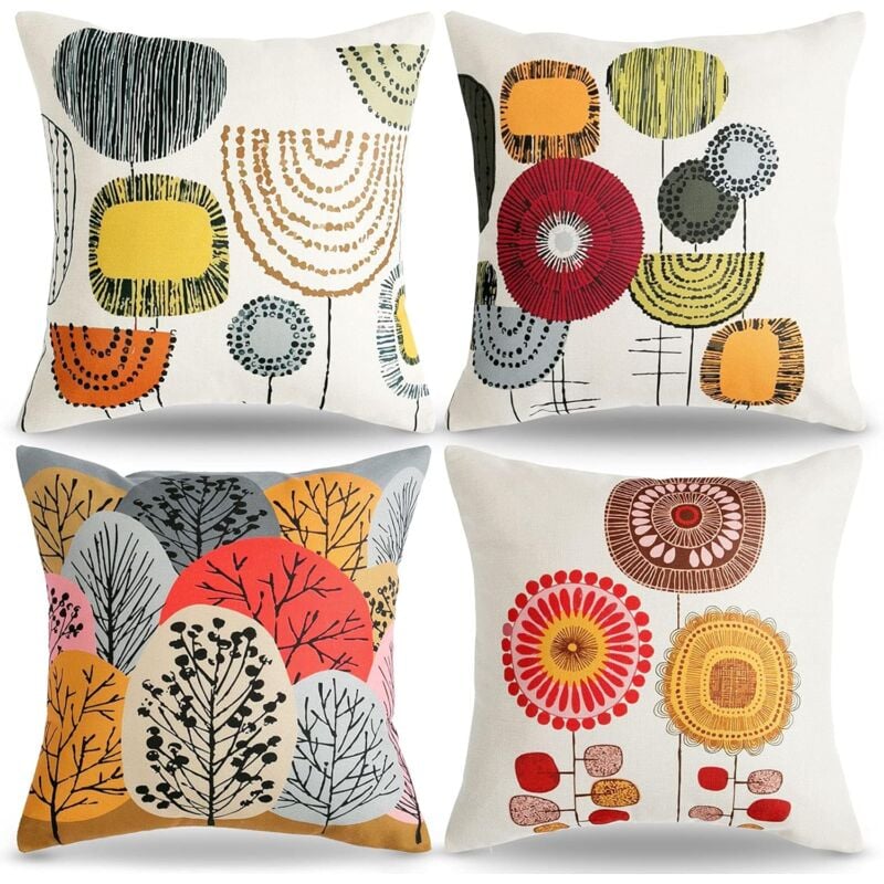 Ccykxa - a 4 pcs Housse de Coussin 45 x 45 Bohémien Abstrait Fleur Coussin Quatre Saisons Coussin Canapé Rouge Taie d'oreiller Lin Housse Décoratif