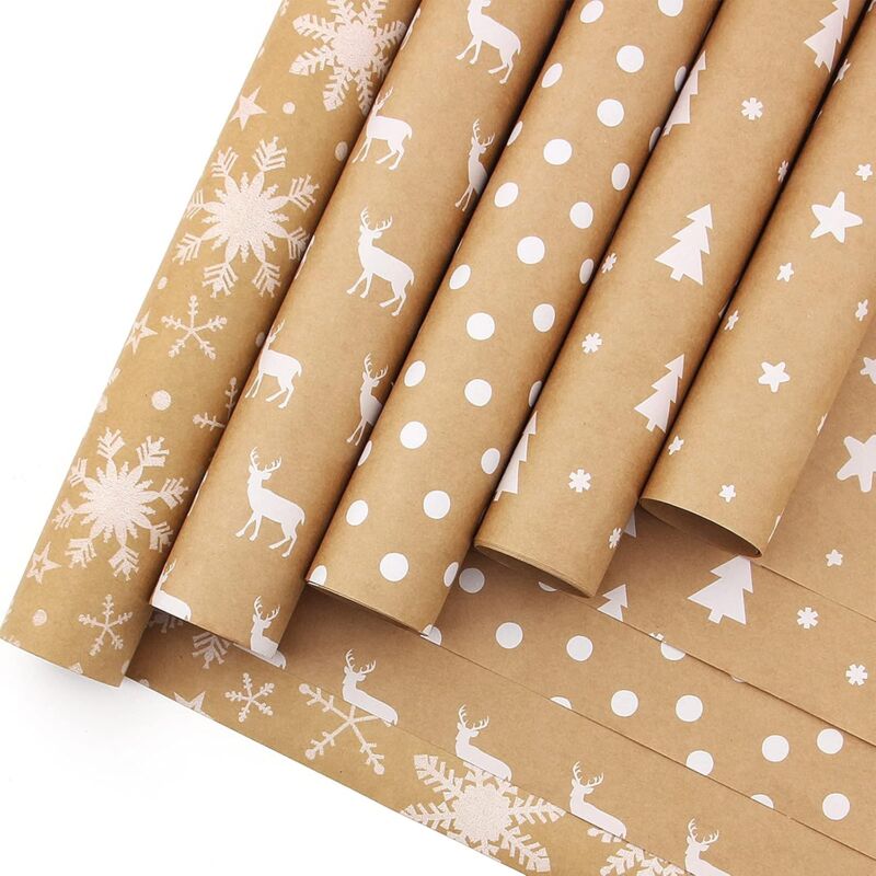 A Lot de 5 rouleaux de papier cadeau de Noël, 44 cm x 3 m, papier kraft marron, flocon de neige, élan, sapin de Noël pour Noël, fête, décorations