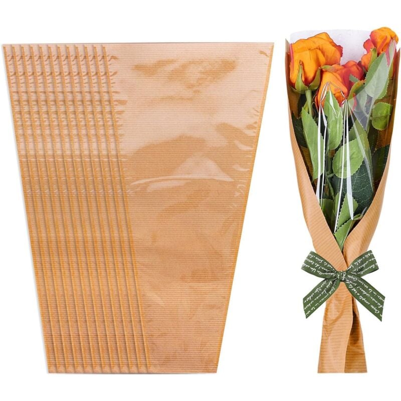A Lot de 50 sacs d'emballage de fleurs en papier kraft avec ruban, pochettes d'emballage florales transparentes, 36 x 12 x 56 cm, pour mariage,