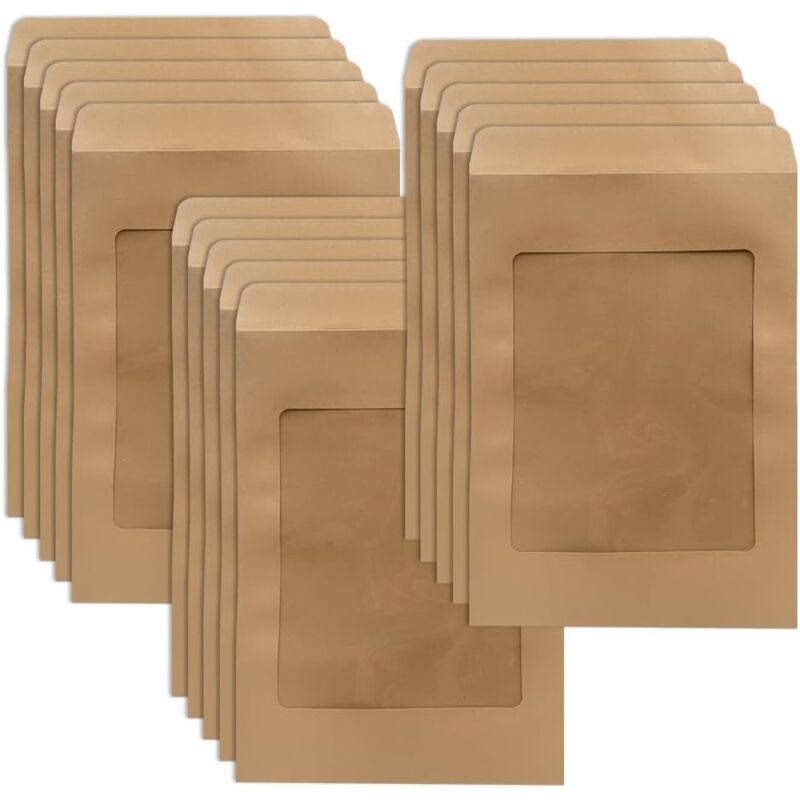 A (Marron)Lot de 15 A4 Enveloppes avec fenêtre, Enveloppes commerciales,Enveloppes vintage,avec fenêtre transparente,Pour les dossiers, les documents